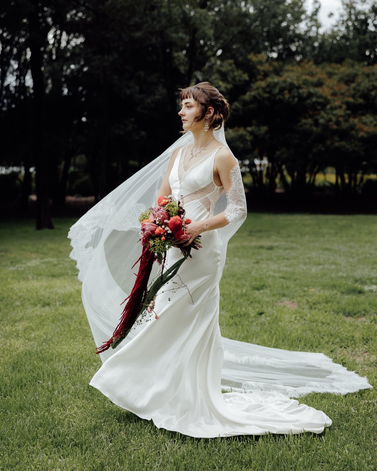 Bride in a satin wedding gown with flowing lace veil holding a red native bouquet at Commonwealth Park, Canberra.